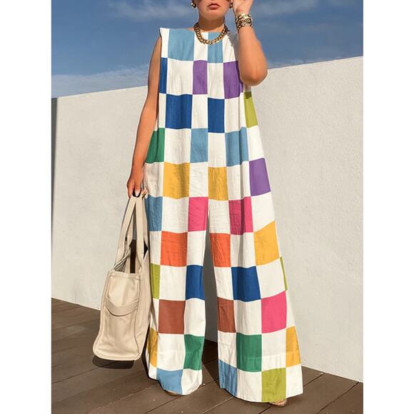 UOOZEE Loose Sleeveless Contrast Color Plaid Jumpsuit Small Wide Leg - Picture 1 of 9
